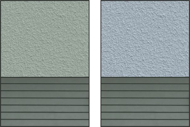 Left: Gray siding and gray painted stucco have the same hue hence present a cohesive combination. Right: Gray siding and stucco have different underlying hues thus appear less connected.
